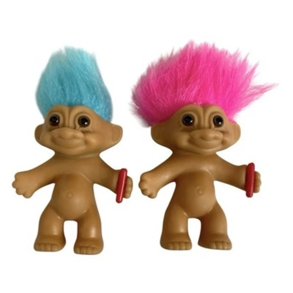 Vintage Russ Berrie Troll Doll Lot 2 Blue Pink Hair Dolls Figurine 90s Lucky VG
